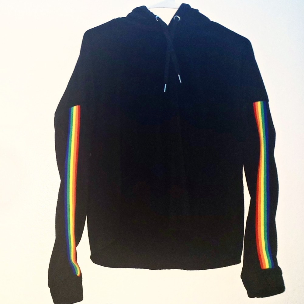 crop top hoodie with rainbow striped sleeves